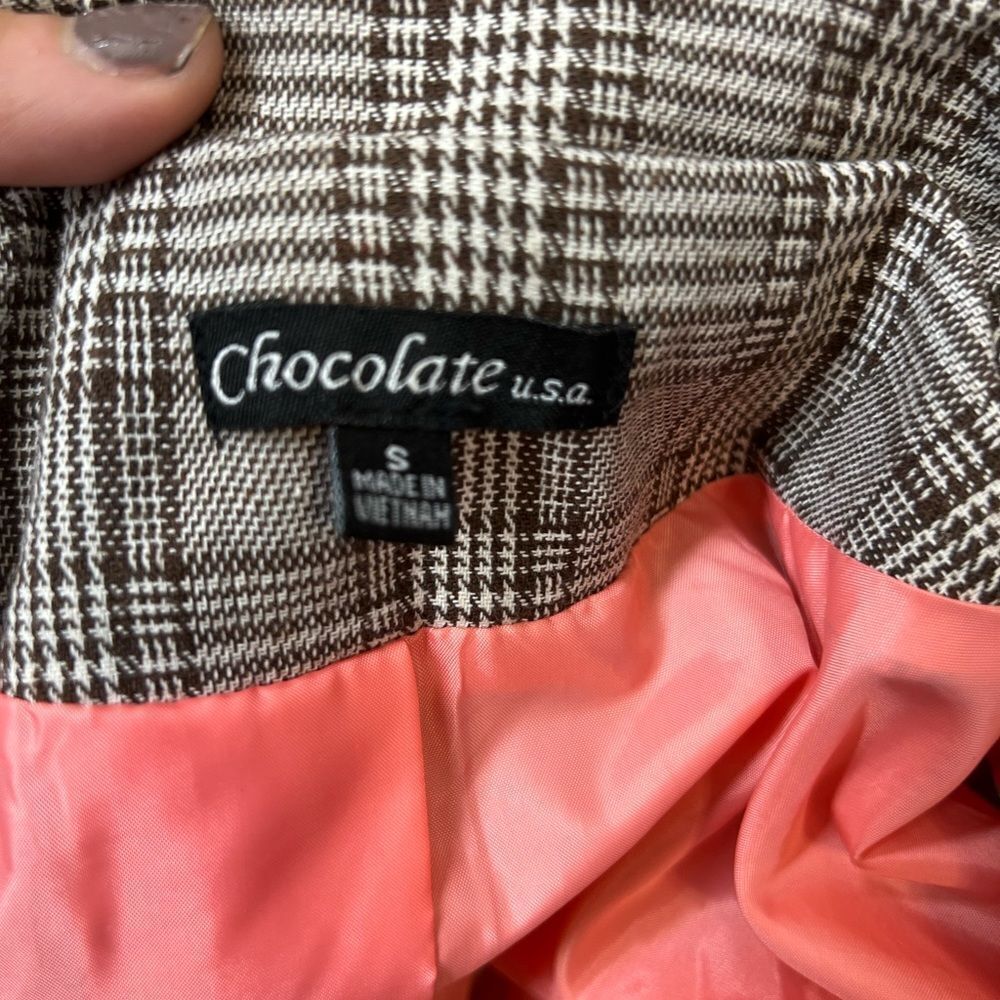 Chocolate USA Plaid Open Front Blazer Jacket Women’s Size S Brown Tan Lined - Picture 2 of 9